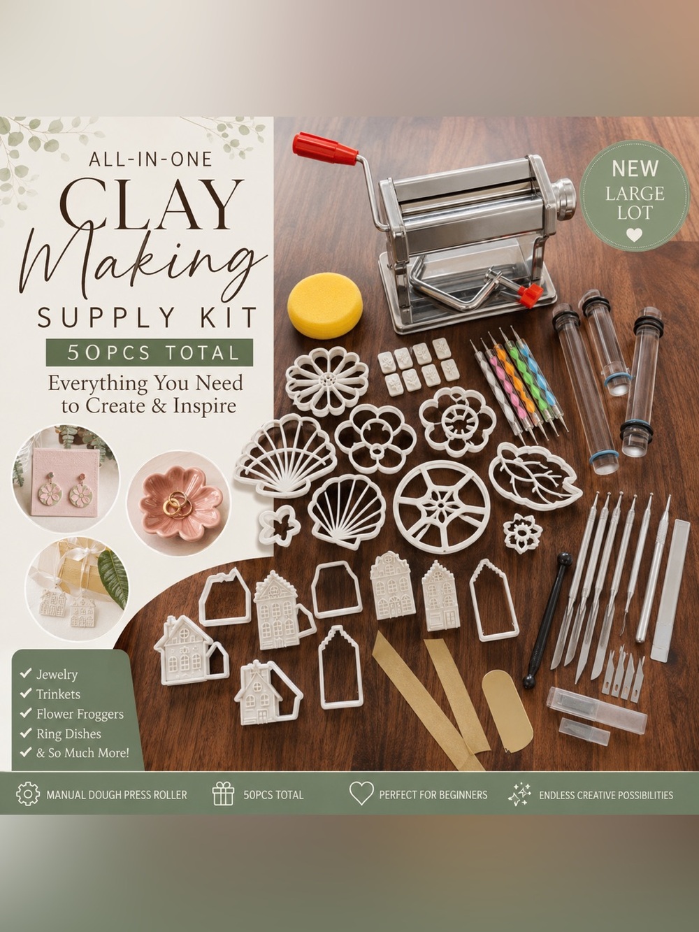 50pc Polymer Clay Starter Kit Bundle - Manual Clay Roller Jewelry Making Tool